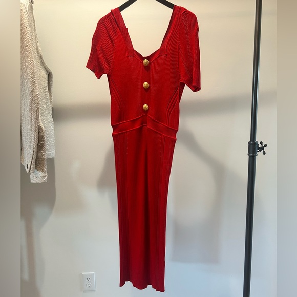 Balmain Red Ribbed Dress - Picture 2 of 12